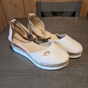 Beige Canvas Espadrille Wedge Sandals for Women